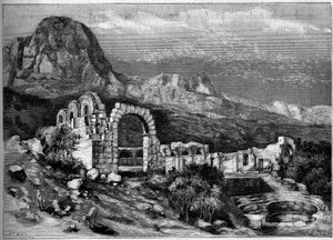 Architecture ancienne : ruines du temple romain de Zaghouan (Tunisie). Gravure par Riugel dans "Le Monde Illustré" n°1308 du 22 avril 1882. - Unknown artist