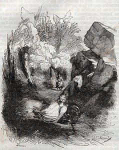 Angélique fuyant le vieil ermite - gravure de 1851 de "Roland furieux" (Orlando furioso) (16ème siècle) par Ludovico Ariosto, dit l