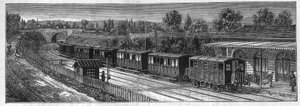 Application des batteries Faure : Train électrique sur une voie ferrée dans une gare. Gravure dans "Le Monde Illustré" - Unknown artist