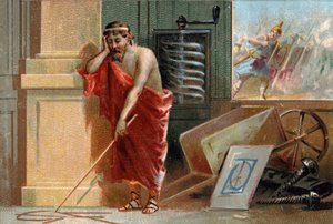 Archimède de Syracuse (287-212 av. J.-C.) traçant des formes géométriques sur le sol, bientôt arrêté par des soldats romains en bas de la scène. Dans son atelier, on peut reconnaître ses diverses inventions : la vis et la brouette. Chromolithographie du XI