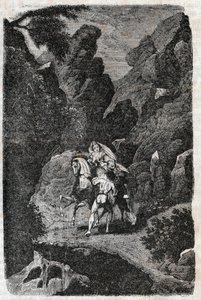 Argie attaqué par les ordres de son fiancé - gravure de 1851 de "Roland furieux" (Orlando furioso) (16ème siècle) par Ludovico Ariosto, dit l