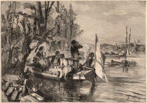 Autour de Paris en 1857. Les canoéistes à Asnières. Gravure dans "Le Monde illustré" de 1857. Collection privée. - Unknown artist