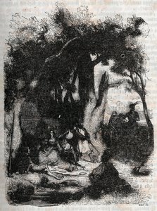 Arrivée de Rodomont et Mandricard à la fontaine de Merlin - gravure de 1851 de « Roland furieux » (Orlando furioso) (16e siècle) par Ludovico Ariosto, traduit de l