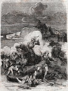 Astolphe fait fuir les femmes homicides - gravure de 1851 de « Roland furieux » (Orlando furioso) (16ème siècle) par Ludovico Ariosto, dit l