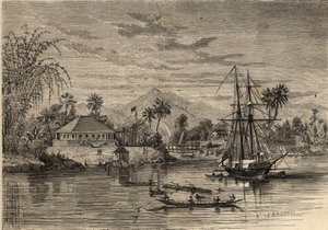 Bangalow, maison de Sir James Brooke, connu sous le nom de Rajah de Sarawak (1803-1868) aventurier britannique premier rajah blanc de Sarawak dans les environs de Sarawak (Bornéo). Gravure dans « Le Monde illustré » de 1857. Collection privée.