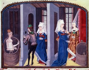 Scène de bain. Un voyeur espionne à travers un trou dans le mur une femme nue faisant sa toilette. Les personnages sont le comte Lisiard de Forez, la jeune femme Euriant qui fait sa toilette. Lisiard découvre la tache en forme de violette sur la poitrine d - Unknown artist