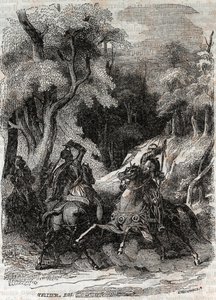 Bataille entre Roland et Ferragus - gravure de 1851 de "Roland furieux" (Orlando furioso) (16ème siècle) par Ludovico Ariosto, dit l