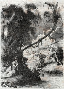 Bataille de Griffon et Aquilant contre Orrile - gravure de 1851 de « Roland furieux » (Orlando furioso) (16e siècle) par Ludovico Ariosto, connu sous le nom d