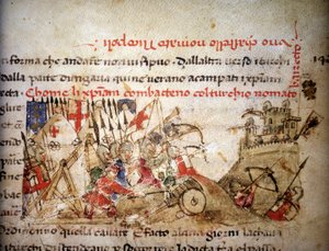 Bataille de Nicopolis : défaite des chrétiens par Bayazid I (Turquie), le 28/09/1396 - dans « Croniche del Sercambi », vers 1400. Archives Nationales, Lucques - Unknown artist