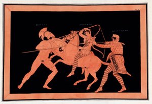 Bataille des Amazones Hyppolyte et Deinomache contre Thésée - « Peintures de vases antiques, communément appelés étrusques », de diverses collections et gravées par A. Clener, accompagnées d
