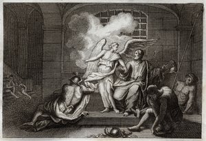 Bible de Royaumont, Nouveau Testament : Saint Pierre délivré de prison. Saint Pierre est libéré de prison la nuit par un ange. Illustration de 1811. - Unknown artist