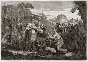 Bible de Royaumont, Ancien Testament : Abigaïl. Abigaïl, femme de Nabal, apaise la colère de David par sa sagesse. Illustration de 1811.