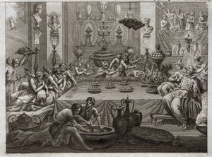 Bible de Royaumont, Ancien Testament : Balthazar condamné. Le roi Balthazar (Belshatsar) voit à table une main qui écrit en trois mots la fin de sa sentence. Illustration de 1811 - Unknown artist