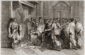 Bible de Royaumont, Ancien Testament : Baruch prophète. Le roi Joachim (Joakim, Joachin, Jéchonias) coupe le rouleau contenant les prophéties de Jérémie transcrites par son disciple Baruch (Baruch ben Neria) et le jette au feu. Illustration de 1811. - Unknown artist