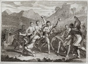 Bible de Royaumont, Ancien Testament : Blasphémateur Lapide. Dieu transforme en pierre un blasphémateur de son saint nom, et un autre qui a violé le saint Shabbat, ramassant quelques brins de paille dans le champ. Illustration de 1811 - Unknown artist
