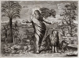 Bible de Royaumont, Ancien Testament : Création du Monde. Dieu tire le Ciel et la Terre du néant, et en six jours les orne et les peuple de Créatures de toutes sortes. Illustration de 1811. - Unknown artist