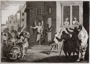Bible de Royaumont, Ancien Testament : Crimes des Sodomites. Loth reçoit des anges dans sa maison. Les Sodomites veulent les violenter. Les anges les frappent de cécité. Illustration de 1811. - Unknown artist