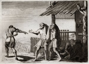 Bible de Royaumont, Ancien Testament : Cham maudit par son père (ivresse de Noé). Cham, le second des enfants de Noé, voit son père dans une posture indécente, ne s