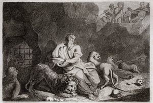 Bible de Royaumont, Ancien Testament : Daniel dans la fosse aux lions. Daniel est jeté dans la fosse aux lions et en sort miraculeusement indemne. Illustration de 1811.