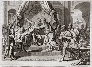 Bible de Royaumont, Ancien Testament : David joue de la harpe. Saül, rejeté par Dieu, est saisi par l
