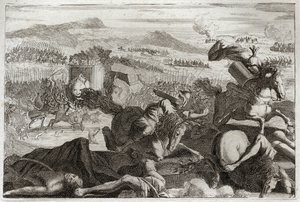 Bible de Royaumont, Ancien Testament : Mort de Judas. Défaite de Démétrios Ier Soter et Nicanor. Mort de Judas Maccabée au combat. Illustration de 1811. - Unknown artist