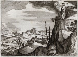 Bible de Royaumont, Ancien Testament : Mort de Moïse. Dieu montre à Moïse la terre de Canaan depuis le sommet du mont Nébo, où il meurt, sans que l