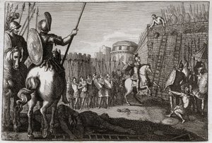 Bible de Royaumont, Ancien Testament : Mort de Séba. Et Séba (Sheba) se leva contre David, et emmena les dix tribus après lui, et Joab le poursuivit à Abela, où sa tête fut coupée sur le conseil d