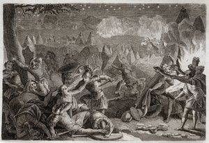 Bible de Royaumont, Ancien Testament : Défaite des Madianites par le son des trompettes et par les lumières des lampes. Illustration de 1811. - Unknown artist