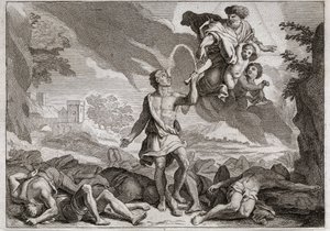 Bible de Royaumont, Ancien Testament : Défaite des Philistins. Samson tue mille Philistins avec une mâchoire d