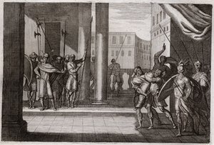 Bible de Royaumont, Ancien Testament : Dina sortit par curiosité pour voir les femmes de Sichem, et le roi de cette ville lui fit violence, ses frères se vengèrent et tuèrent tout le peuple de Sichem avec le roi. Illustration de 1811. - Unknown artist