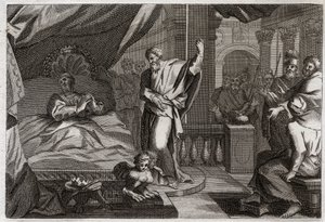 Bible de Royaumont, Ancien Testament : Ézéchias reçoit la santé. Le roi Ézéchias, malade à mort, reçoit la santé et quinze années de vie supplémentaires. Le prophète Isaïe (Isaiah) annonce sa guérison : le signe sera de repousser l
