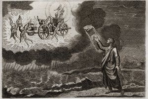 Bible de Royaumont, Ancien Testament : Ézéchiel prophète. Saint prophète a eu une vision où le Seigneur lui est apparu sur un char, porté par quatre chérubins (tétramorphe). Illustration de 1811.
