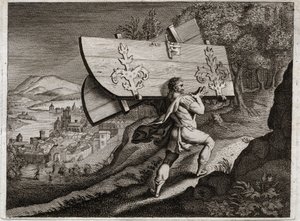 Bible de Royaumont, Ancien Testament : Portes de Gaza. Samson, enfermé à Gaza, arrache les portes de la ville. Illustration de 1811. - Unknown artist