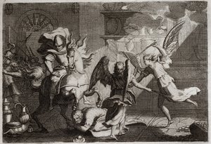 Bible de Royaumont, Ancien Testament : Héliodore chassé du temple. Héliodore (Héliodoros) envoyé par son souverain pour piller le Temple de Jérusalem, fut battu avec des verges par des anges. Illustration de 1811.