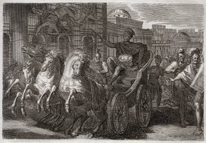 Bible de Royaumont, Ancien Testament : Jézabel mangée par les chiens. Jéhu fait jeter Jézabel par une fenêtre, et elle est mangée par les chiens. Illustration de 1811.