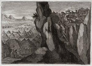Bible de Royaumont, Ancien Testament : Jonathan et son écuyer. Jonathan, fils du roi Saül, va seul avec son écuyer dans le camp des Philistins et les met en fuite. Illustration de 1811. - Unknown artist
