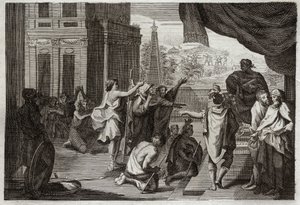 Bible de Royaumont, Ancien Testament : Moïse devant Pharaon. Moïse demande à Pharaon de laisser les Hébreux aller dans le désert pour sacrifier au Seigneur. Illustration de 1811. - Unknown artist