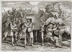 Bible de Royaumont, Ancien Testament : Passage du Jourdain. Josué fait traverser le Jourdain à tout le peuple. Ce fleuve se dessèche, et les prêtres qui portaient l
