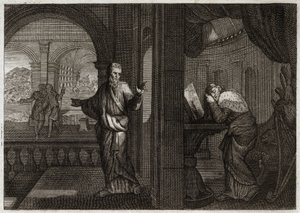 Bible de Royaumont, Ancien Testament : Pénitence de David. Dieu envoie son prophète Nathan à David pour représenter sa faute. Le regret de ce saint roi le fait accepter tous les maux que le prophète lui a prédits. Illustration de 1811. - Unknown artist