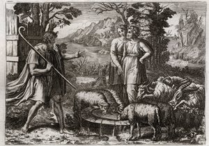 Bible de Royaumont, Ancien Testament : Rachel et Léa. Jacob sert Laban, son oncle, pour épouser sa fille Rachel. Illustration de 1811 - Unknown artist