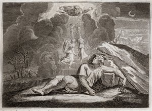 Bible de Royaumont, Ancien Testament : Échelle de Jacob. Jacob, fuyant la colère d