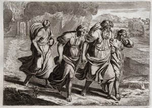 Bible de Royaumont, Ancien Testament : Sodome brûlée. Dieu, irrité par les crimes abominables de Sodome, la brûle avec les autres villes voisines, avec une pluie de feu et de soufre qu