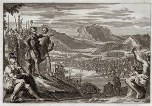 Bible de Royaumont, Ancien Testament : Soldats de Gédéon. Dieu commande à Gédéon (Gideon) de conduire toutes ses troupes au fleuve Jourdain, et lui donne un signe pour discerner ceux qu