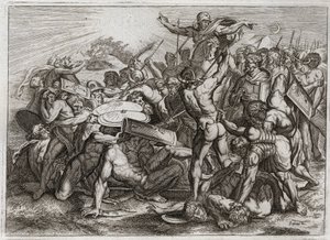 Bible de Royaumont, Ancien Testament : Arrêt du Soleil. Josué poursuivant ses ennemis amorites fait arrêter le Soleil pour avoir plus de temps pour les vaincre. Illustration de 1811. - Unknown artist