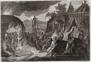 Bible de Royaumont, Ancien Testament : Les trois enfants de Babylone dans la fournaise. Le roi Nabuchodonosor II jette trois jeunes Hébreux dans une fournaise ardente, d