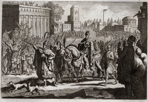 Bible de Royaumont, Ancien Testament : Triomphe de Mardochée. Aman (Haman) est contraint par le roi de proclamer le triomphe de Mardochée (ou Mordekhai ou Mordecai) son ennemi dans toute la ville de Suse. Illustration de 1811.