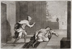 Bible de Royaumont, Ancien Testament : Femme du Lévite outragée. La femme du Lévite fut trouvée morte à la porte après avoir été abusée par des voyous. Illustration de 1811.