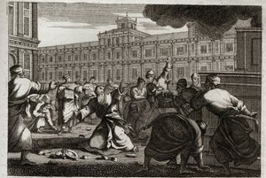 Bible de Royaumont, Ancien Testament : Zacharie lapidé. Zacharie, le grand prêtre, est lapidé sur l