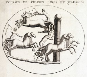 Courses de chevaux Biges et quadriges. Gravure du 19ème siècle - Unknown artist