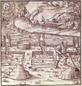 Récupération de bitume. Georg Bauer "Agricola De Re metallica" livre du XVe siècle. Bibl. du Musée des Sciences, Milan - Unknown artist